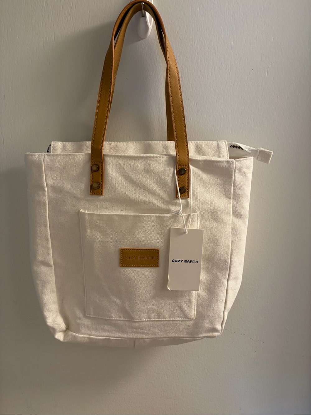 NWT Cozy Earth boho minimalistic White Canvas Tote with Tan Leather Handles